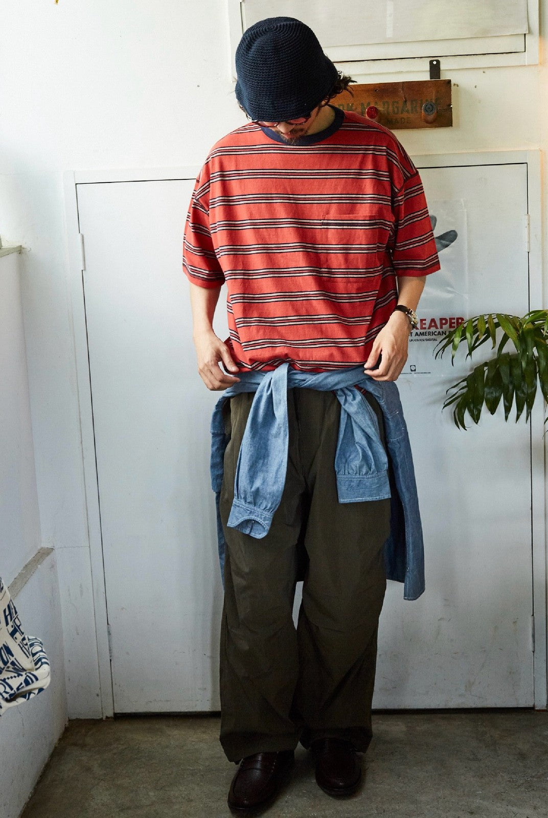 USAGE Retro Striped Cotton T Shirt in Red - On Male Model