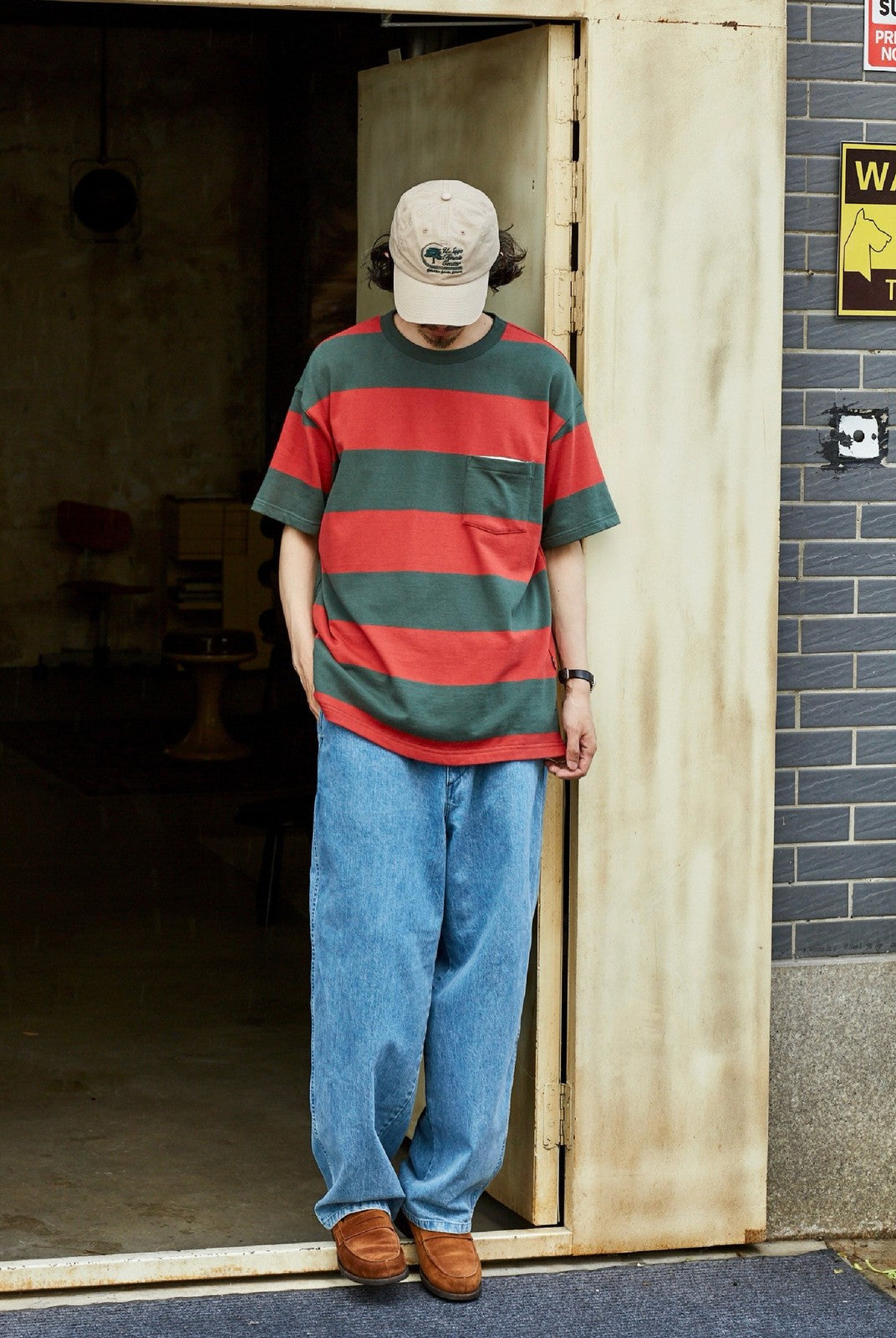 USAGE Wide Striped Cotton Pocket T Shirt in Green - On Male Model