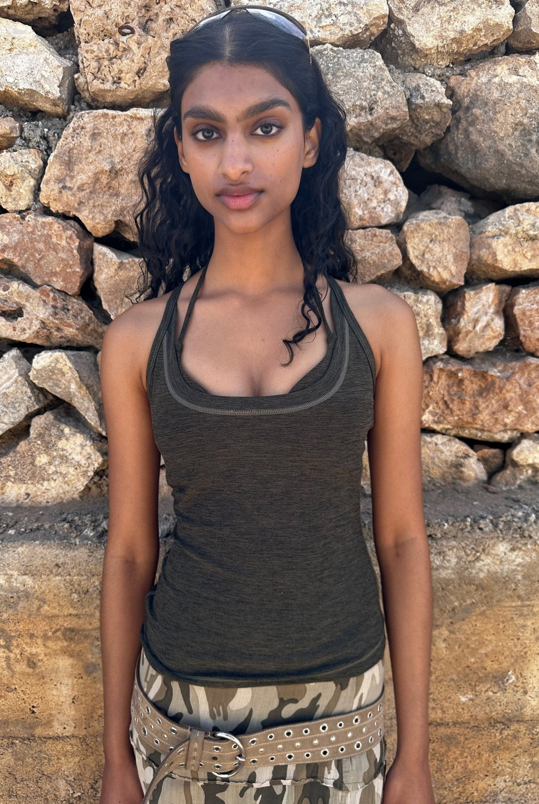 FaxCopyExpress Long U Cut Racer Tank in Olive - On Female Model