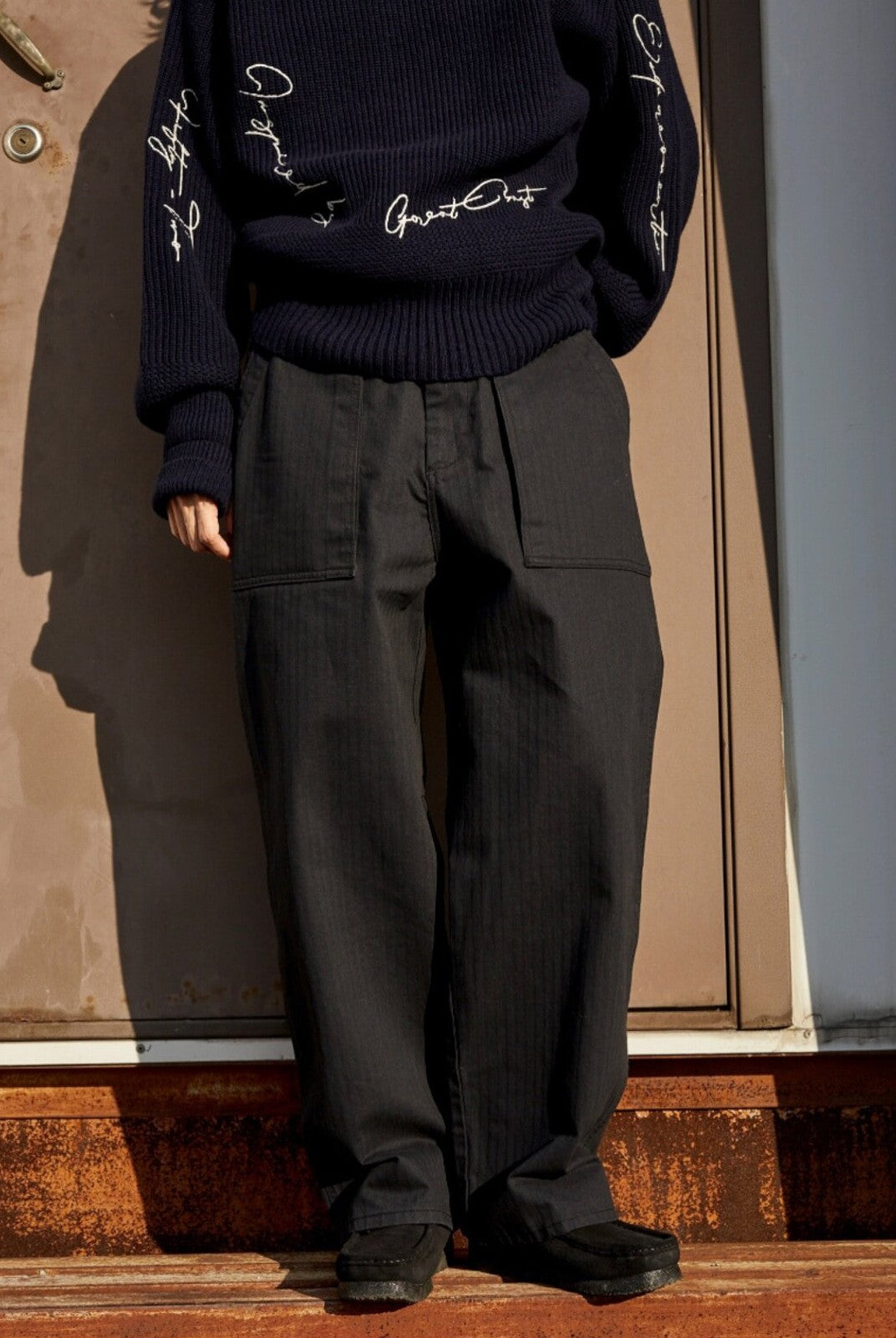 USAGE Heavyweight Herringbone Baker Pants in Navy Blue - On Model