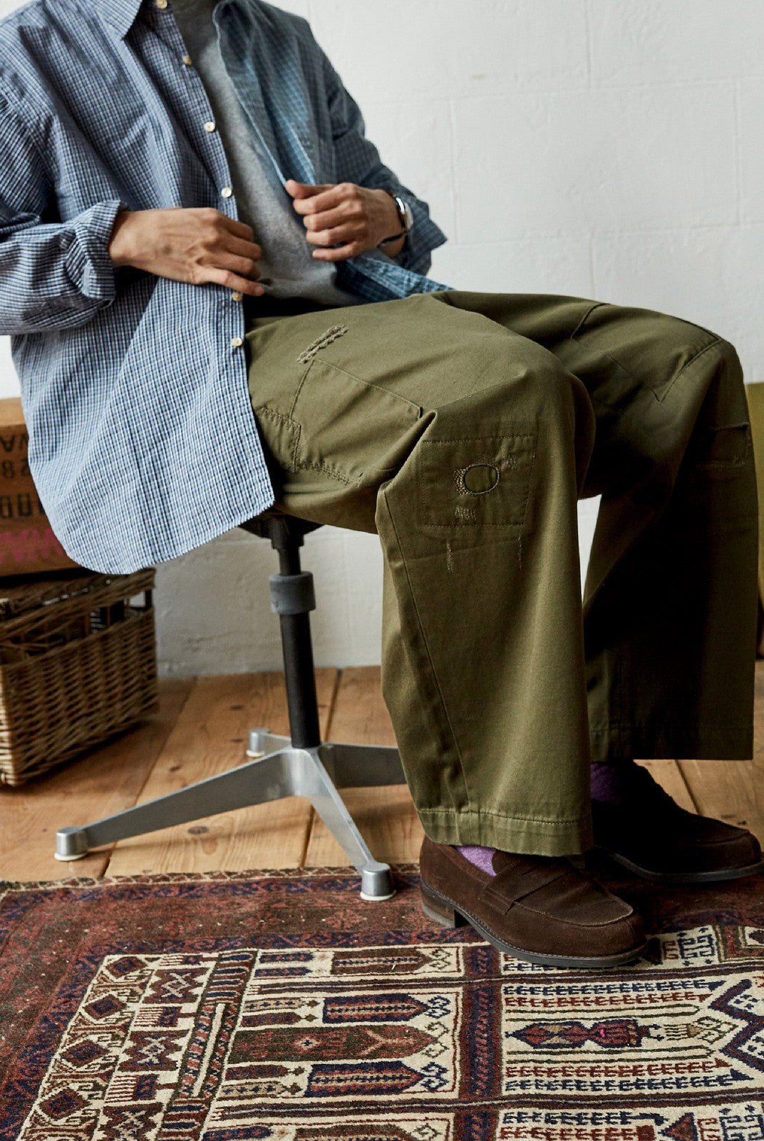 USAGE Hand Distressed Patched Chinos in Olive - On Male Model