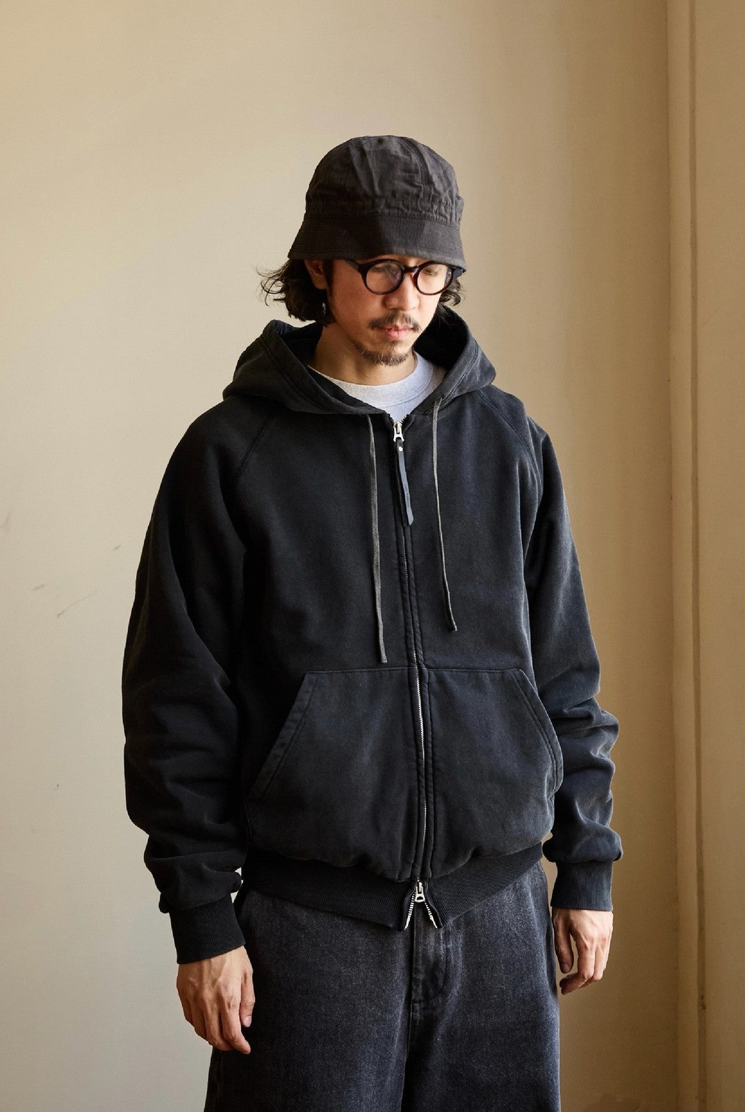 USAGE Vintage Washed Double Layer Zip Hoodie in Black - On Male Model