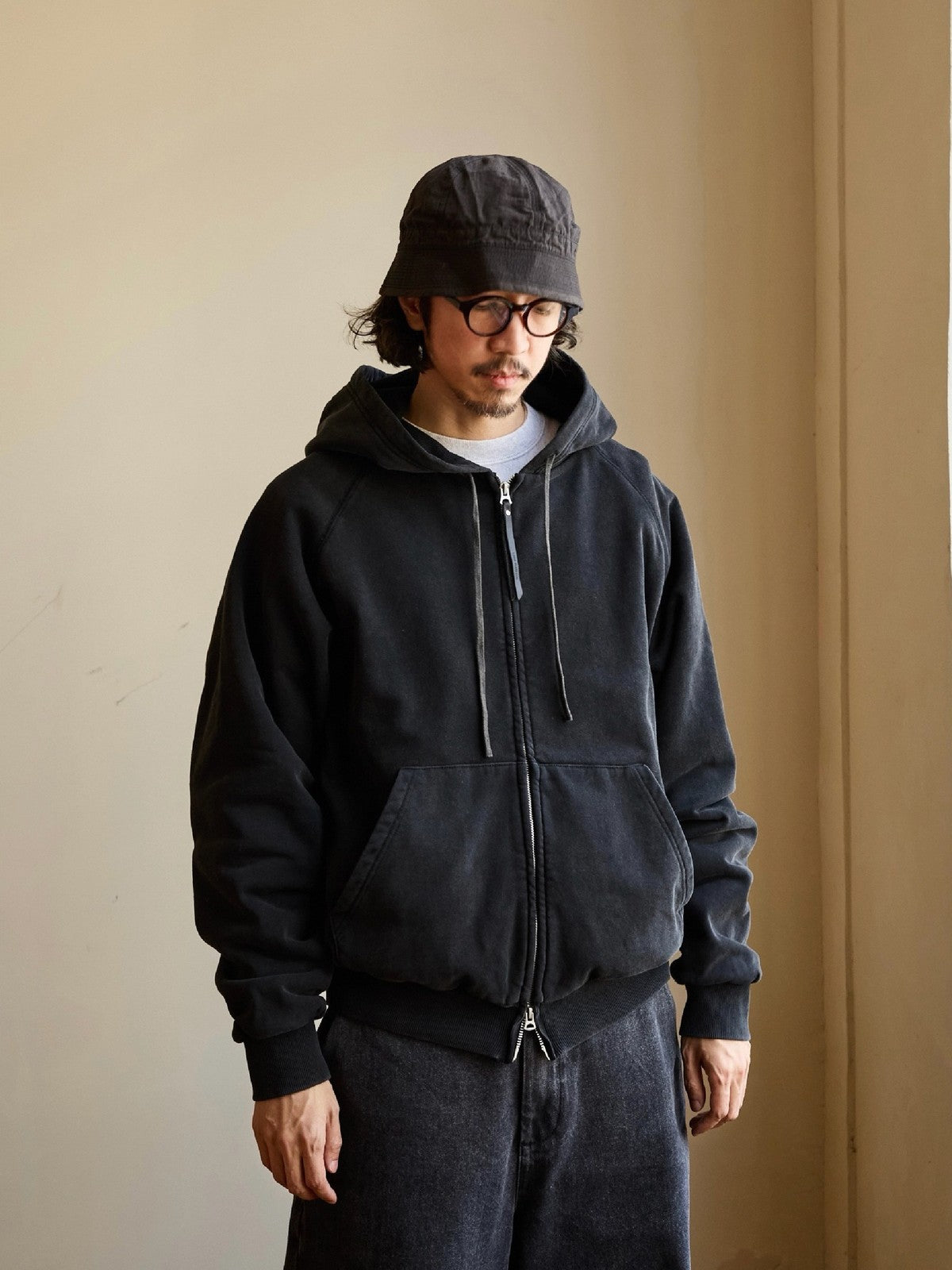 USAGE Vintage Washed Double Layer Zip Hoodie in Black - On Male Model