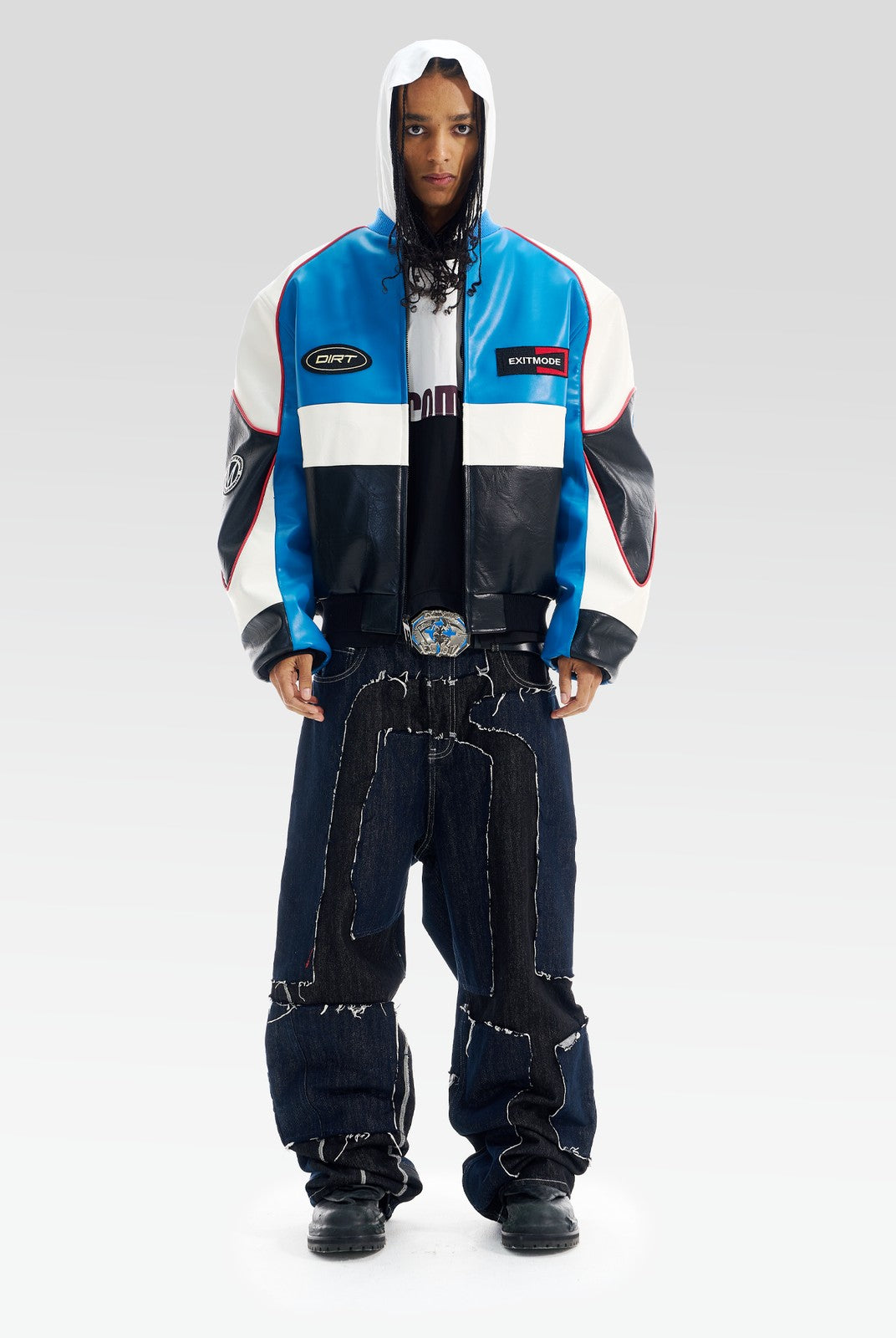 BLINDNOPLAN Color Block Faux Leather Padded Jacket in Blue - On Male Model