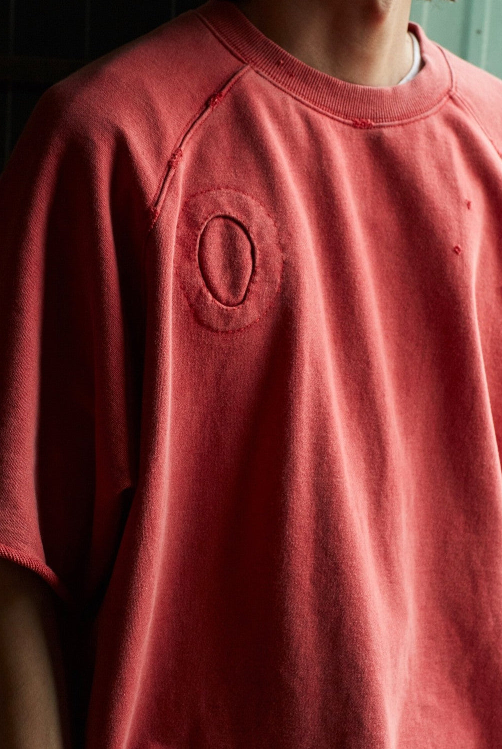 USAGE Vintage Wash Distressed Short Sleeve Sweatshirt in Red - On Male Model