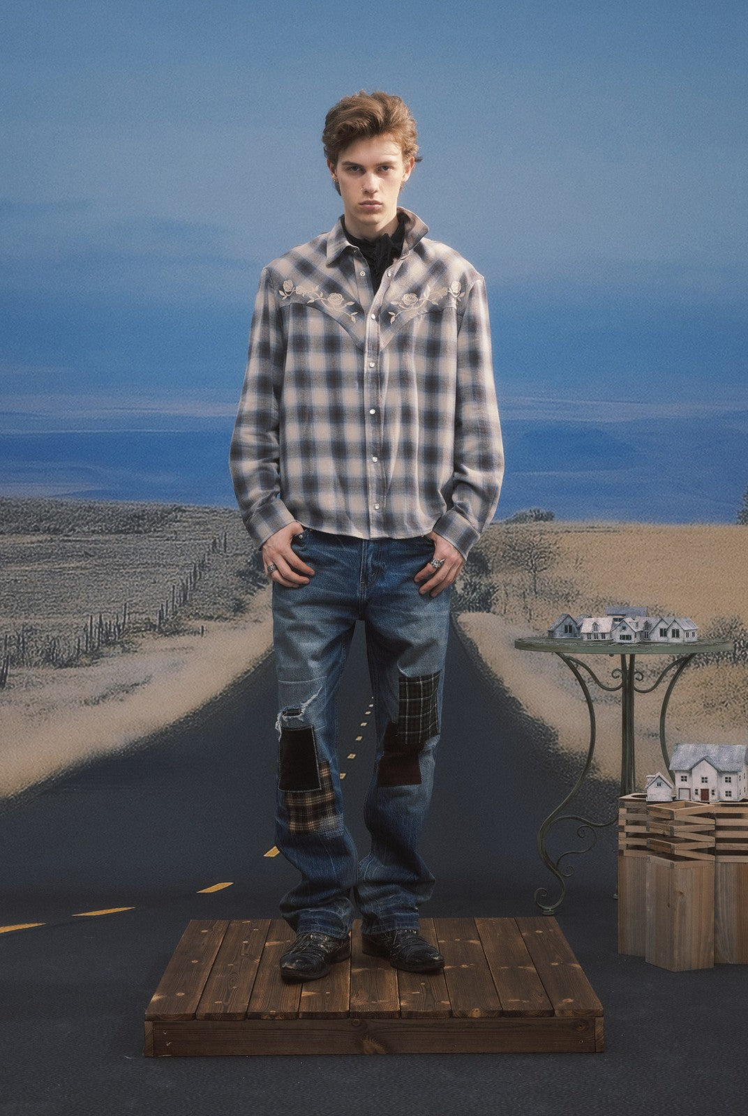 SOD Embroidered Plaid Western Shirt in Gray - On Male Model