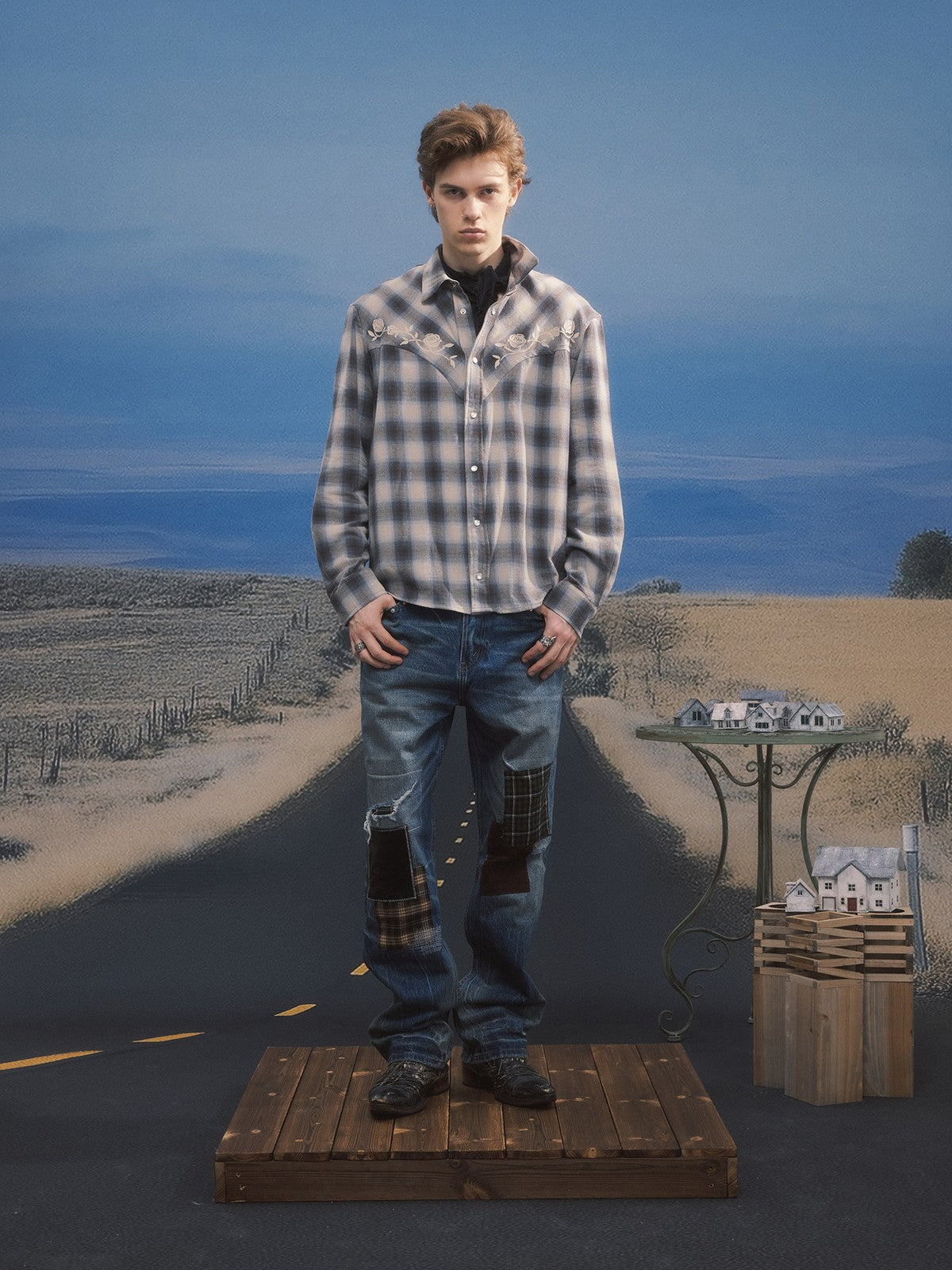 SOD Embroidered Plaid Western Shirt in Gray - On Male Model