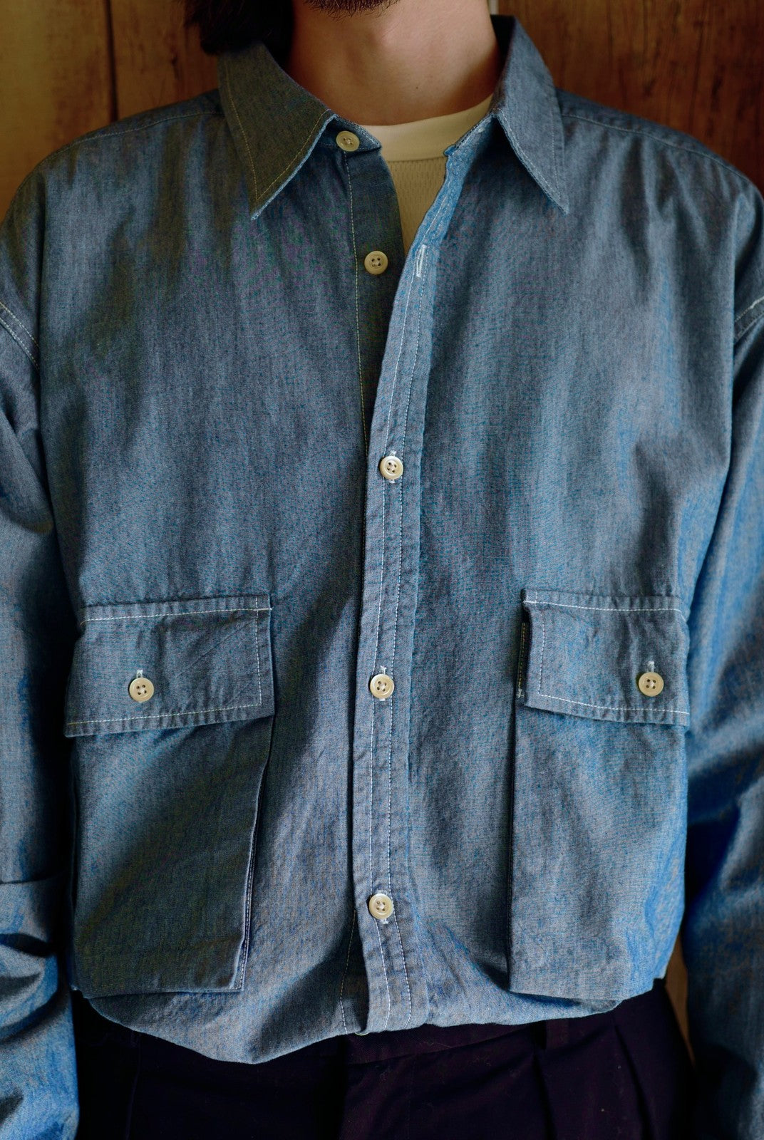 USAGE Cotton Chambray Safari Shirt in Denim - On Male Model