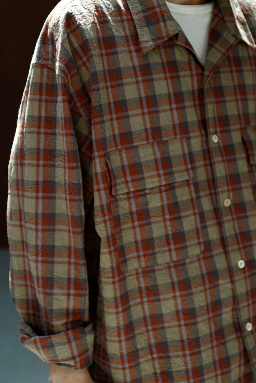 USAGE Washed Crinkle Plaid Open Collar Shirt in Orange - On Male Model
