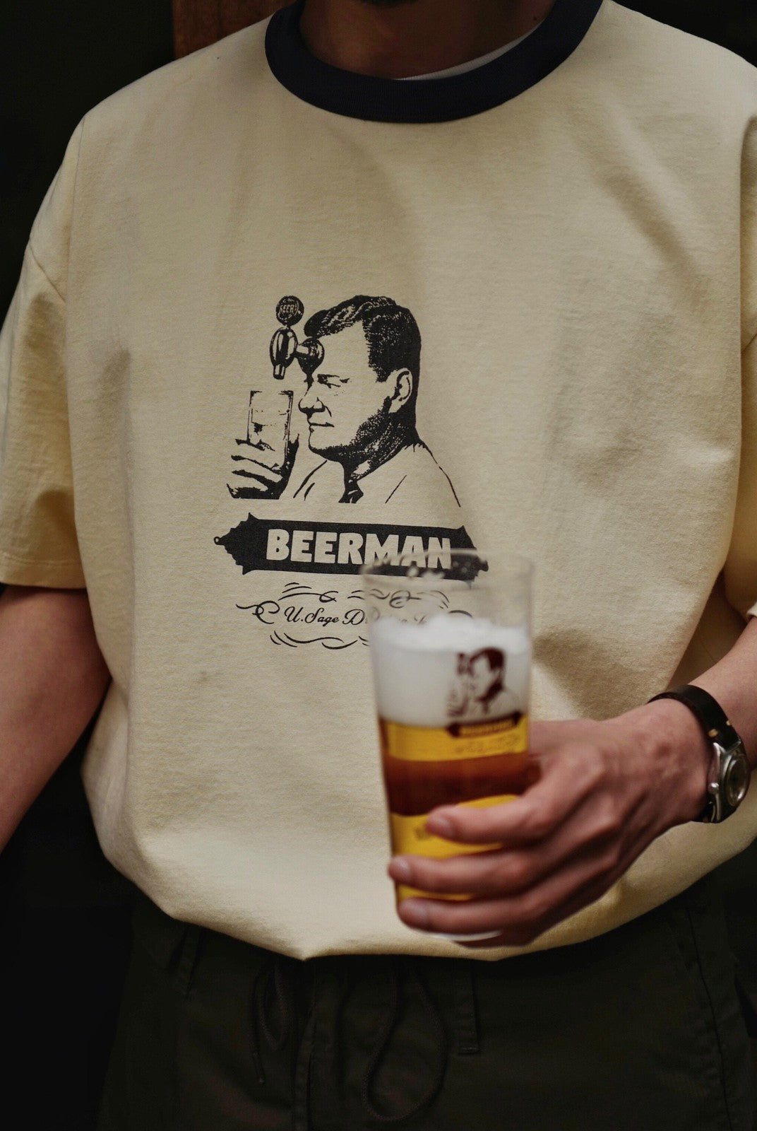 USAGE Graphic Cotton Ringer T Shirt in Cream - On Male Model