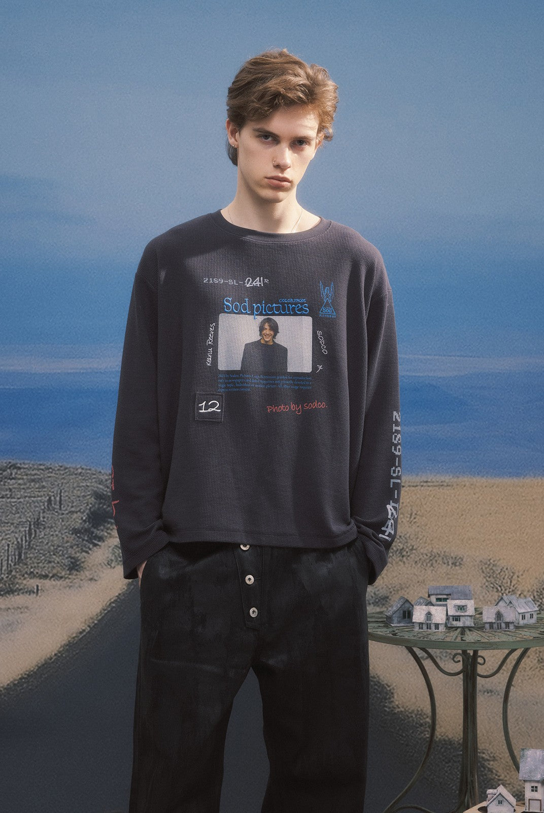 SOD Keanu Graphic Waffle Knit Top in Gray - On Male Model