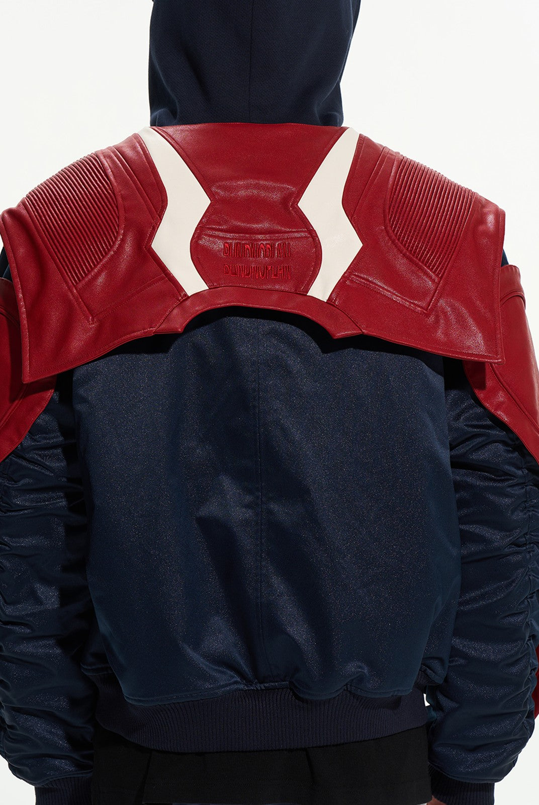 BLINDNOPLAN Layered Colorblock Racing Jacket in Red - On Model