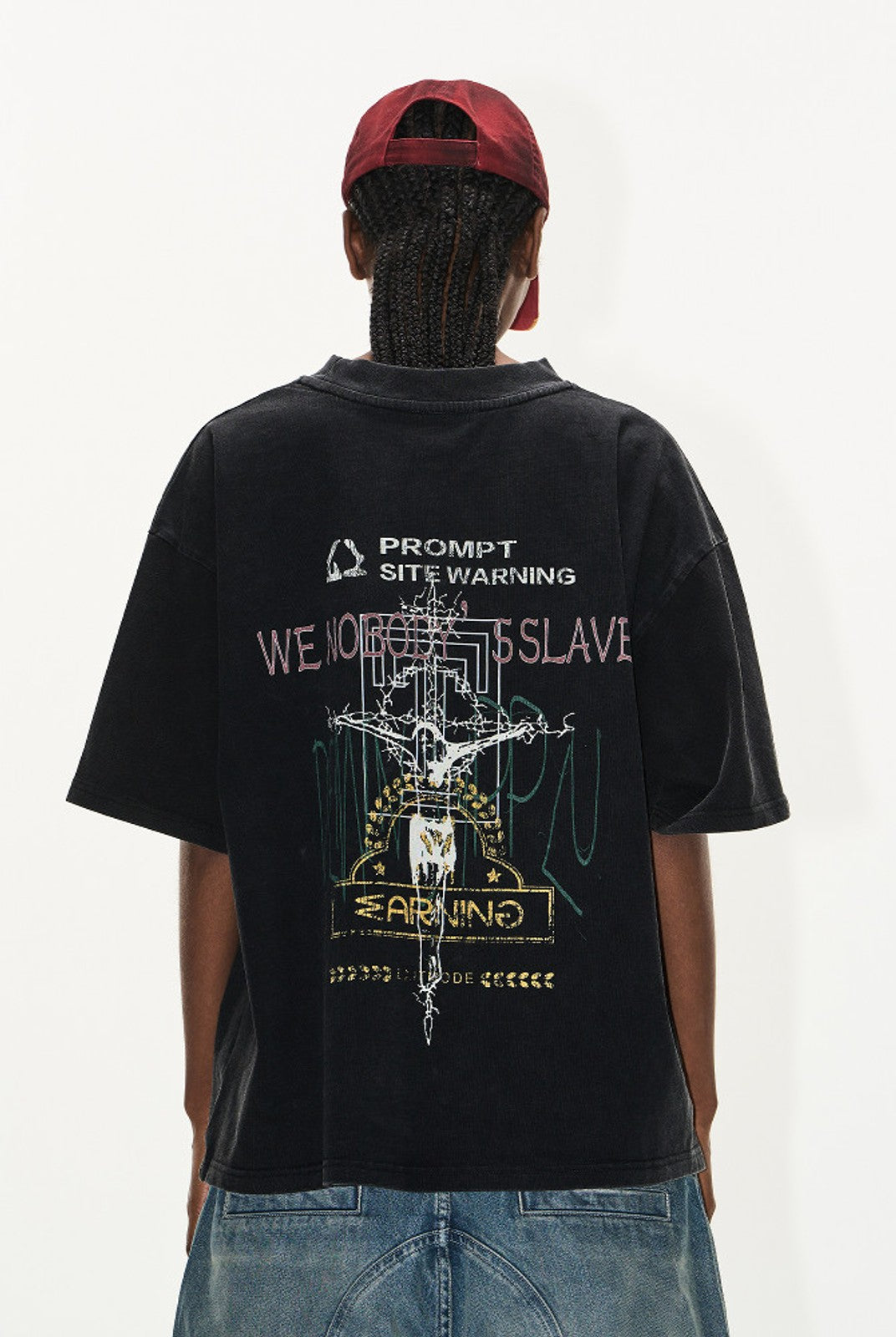 BLINDNOPLAN Distressed Overlapping Graphic T Shirt in Black - On Model