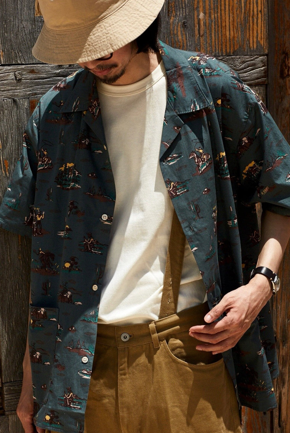USAGE Cowboy Print Cotton Hawaiian Shirt in Teal - On Male Model