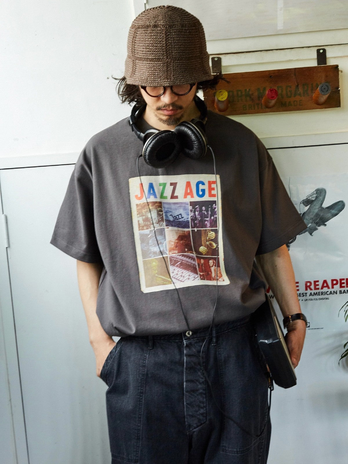 USAGE Heavyweight Graphic Cotton T Shirt in Dark Gray - On Male Model