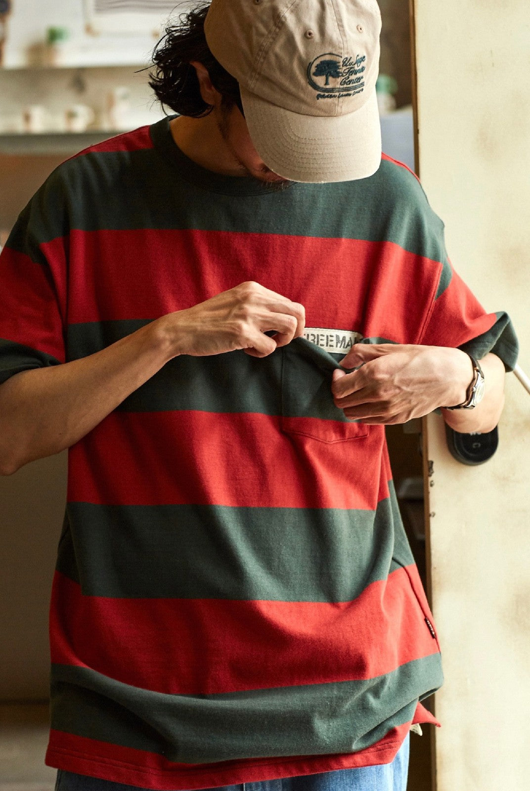 USAGE Wide Striped Cotton Pocket T Shirt in Green - On Male Model