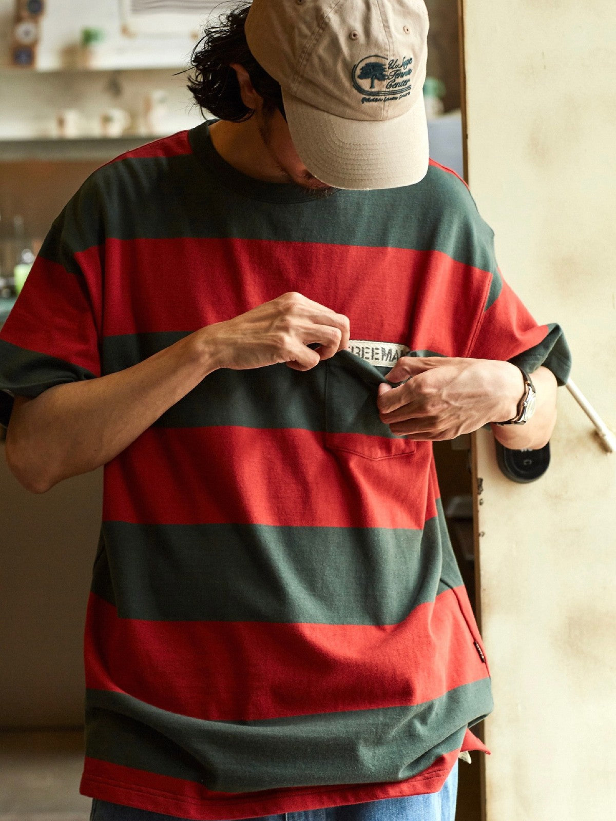 USAGE Wide Striped Cotton Pocket T Shirt in Green - On Male Model