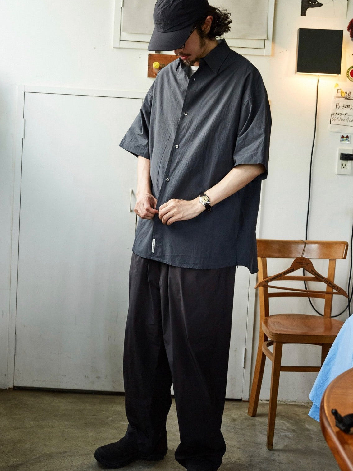 USAGE Cotton Crinkle Short Sleeve Shirt in Navy Blue - On Male Model