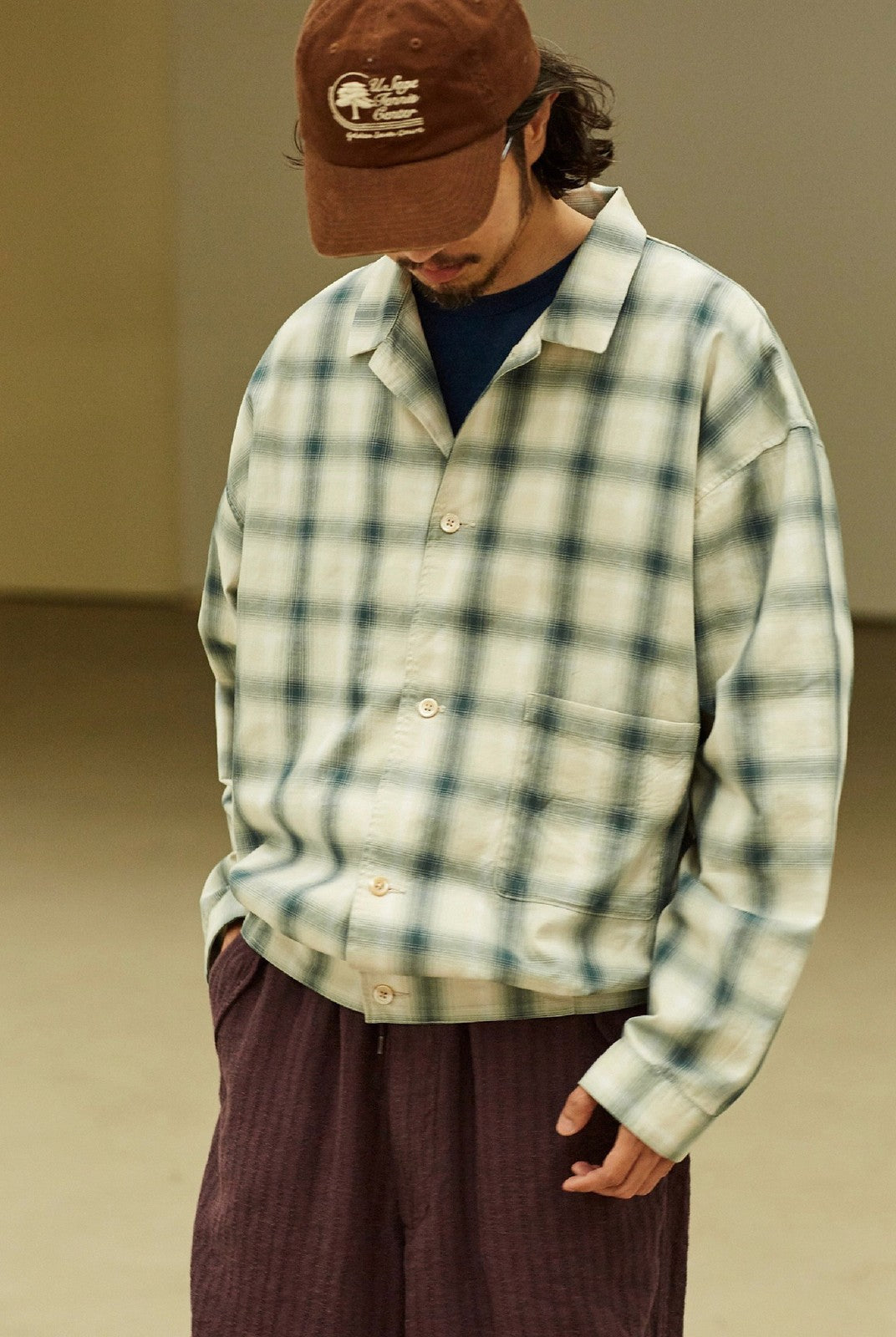 USAGE Gradient Plaid Cotton Blouson in Off-White - On Male Model