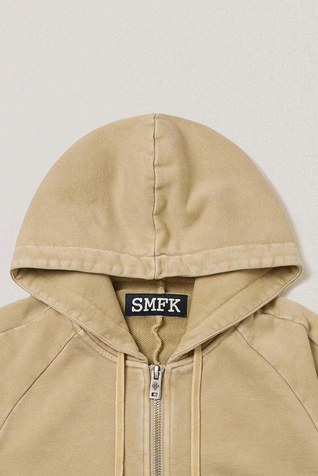 SMFK Garment Dyed Cotton Zip Up Hoodie in Beige - Detail