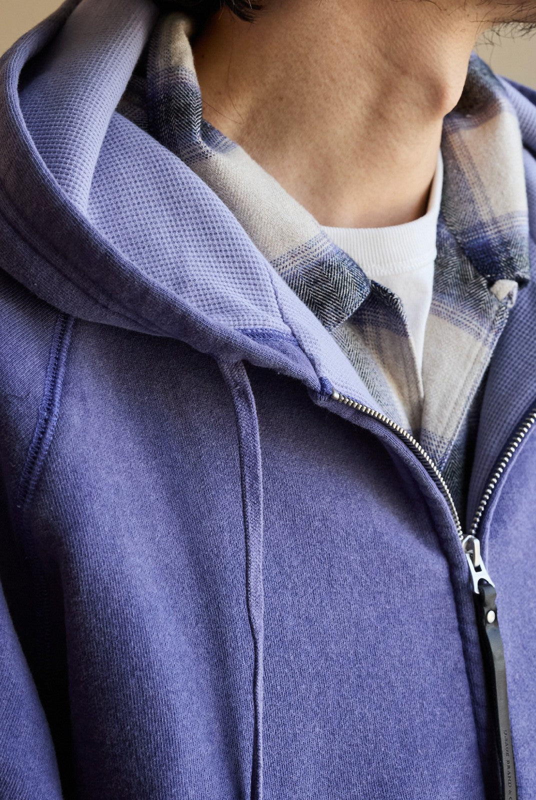 USAGE Vintage Washed Double Layer Zip Hoodie in Purple - On Male Model