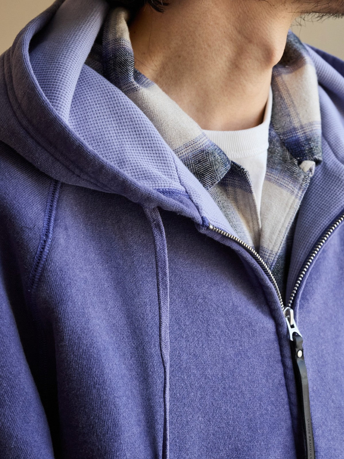 USAGE Vintage Washed Double Layer Zip Hoodie in Purple - On Male Model