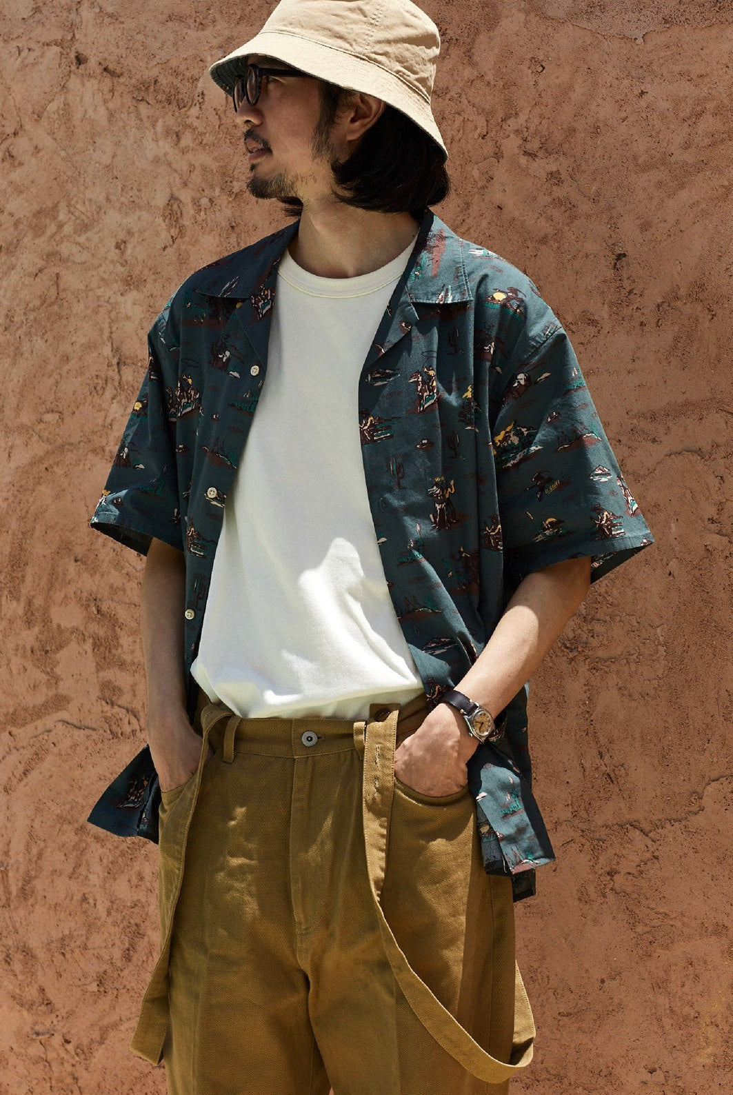 USAGE Cowboy Print Cotton Hawaiian Shirt in Teal - On Male Model