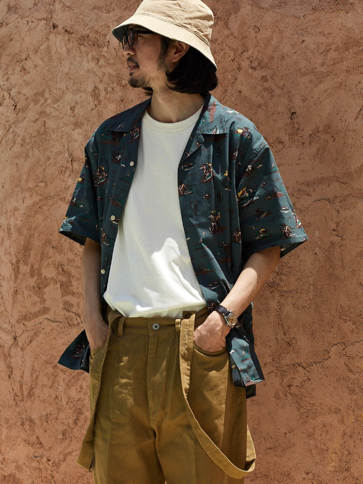 USAGE Cowboy Print Cotton Hawaiian Shirt in Teal - On Male Model