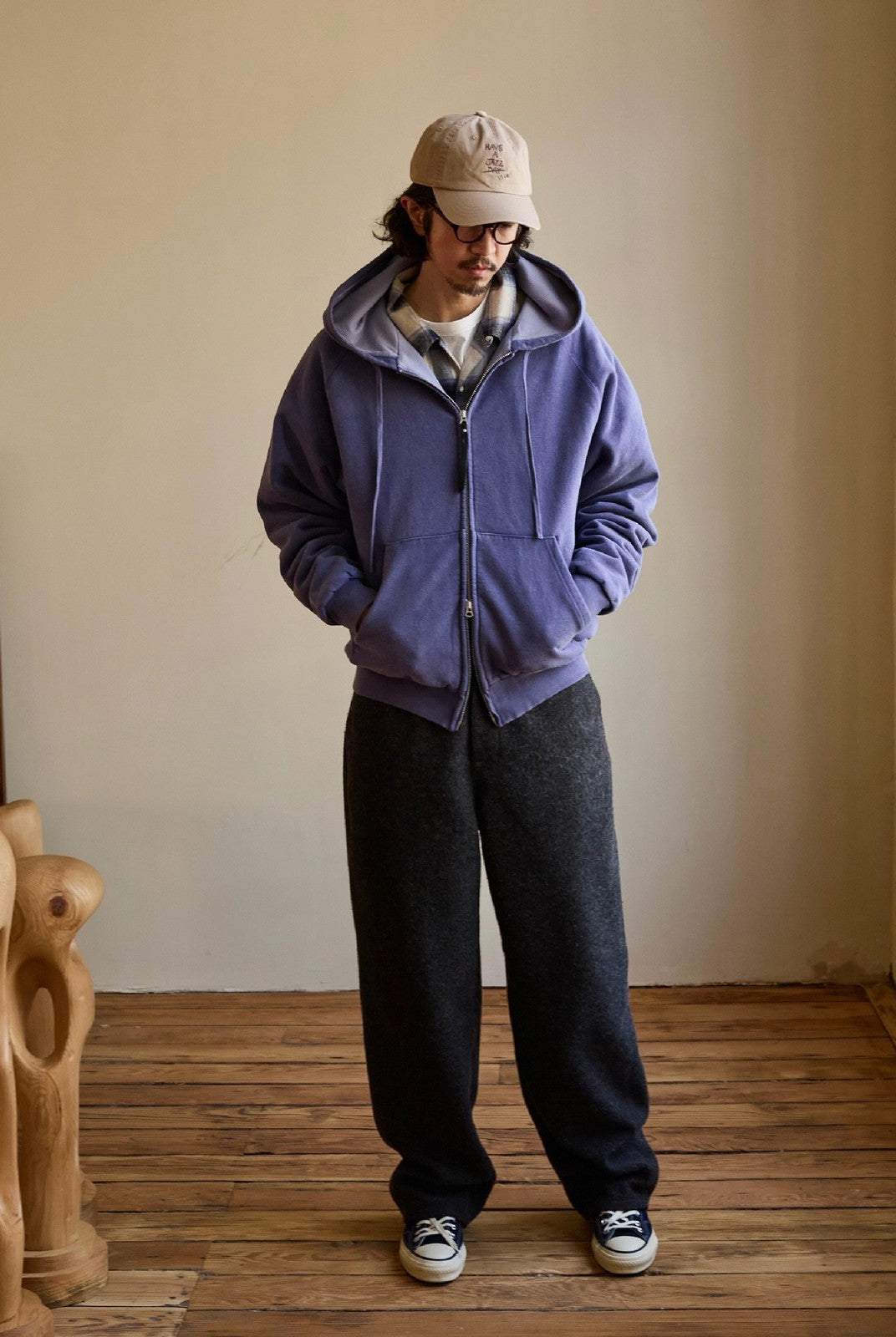 USAGE Vintage Washed Double Layer Zip Hoodie in Purple - On Male Model