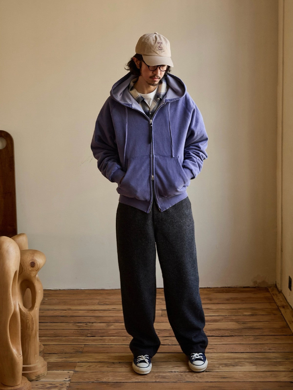 USAGE Vintage Washed Double Layer Zip Hoodie in Purple - On Male Model