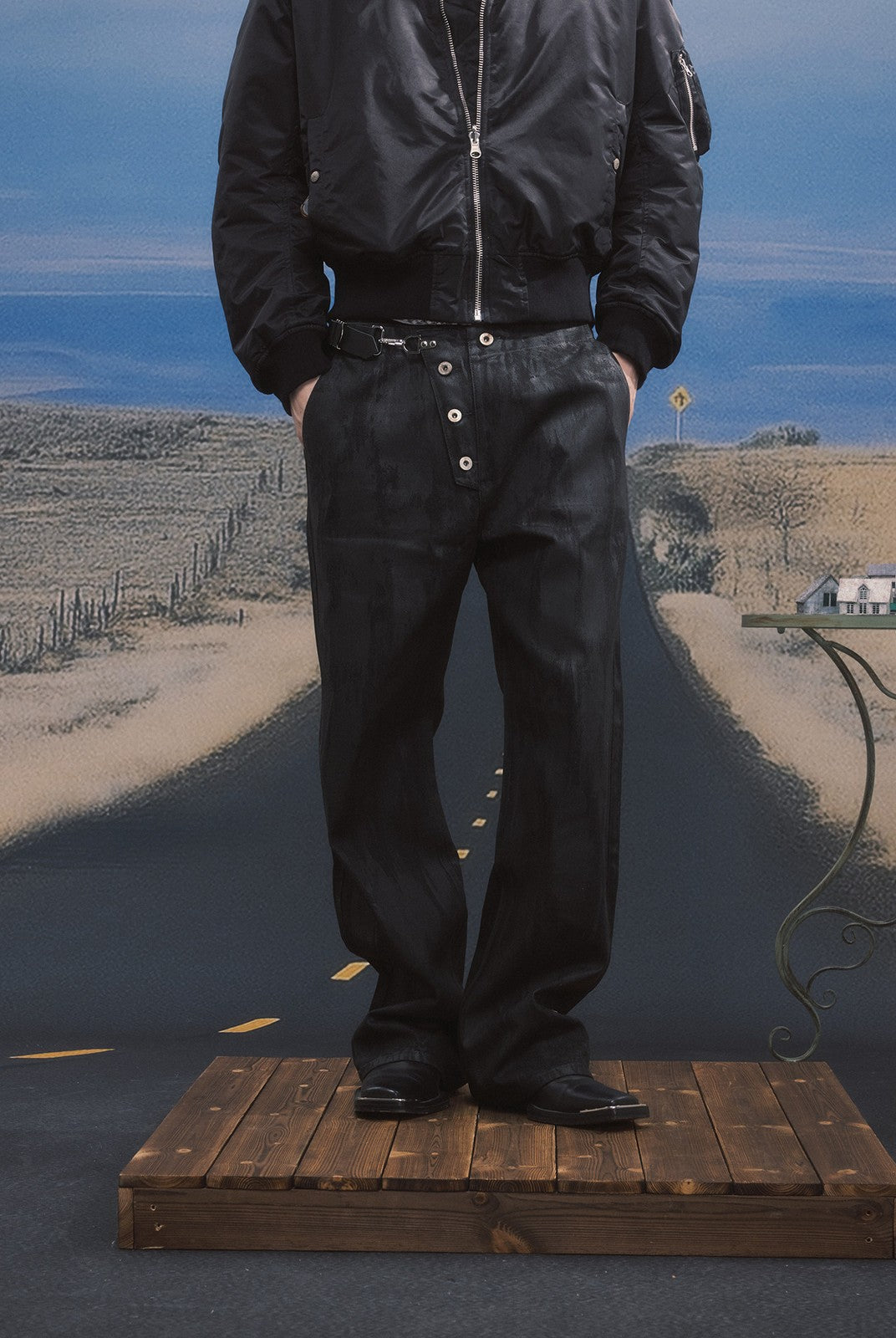 SOD Waxed Leather Buckle Jeans in Black - On Model