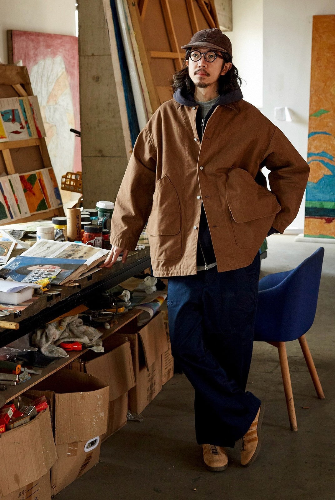 USAGE Heavyweight Canvas Hunting Jacket in Beige - On Male Model