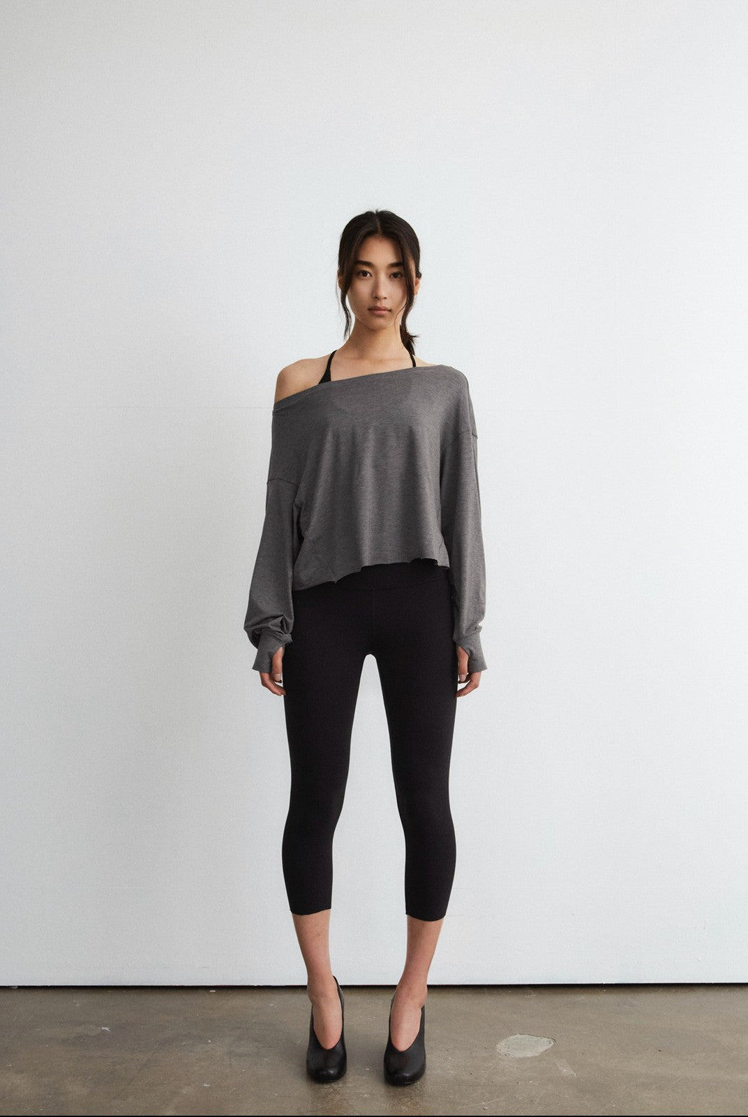 FaxCopyExpress Off Shoulder Overlay Sweatshirt in Gray - On Female Model