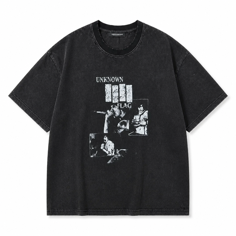 Mingstreet ASC launch still-life | UNKNOWNWORLD | Sun Faded Distressed Flag Print T Shirt | Black | crumple_regen_confirmed_2026-06-25