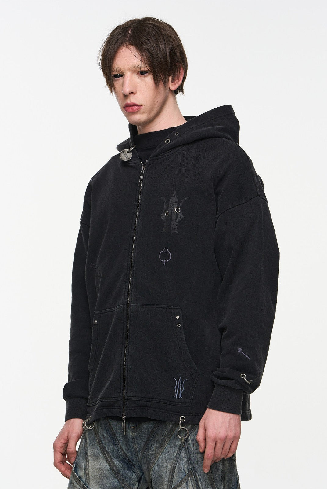 BLINDNOPLAN Washed Distressed Graphic Zip Hoodie in Black - On Male Model