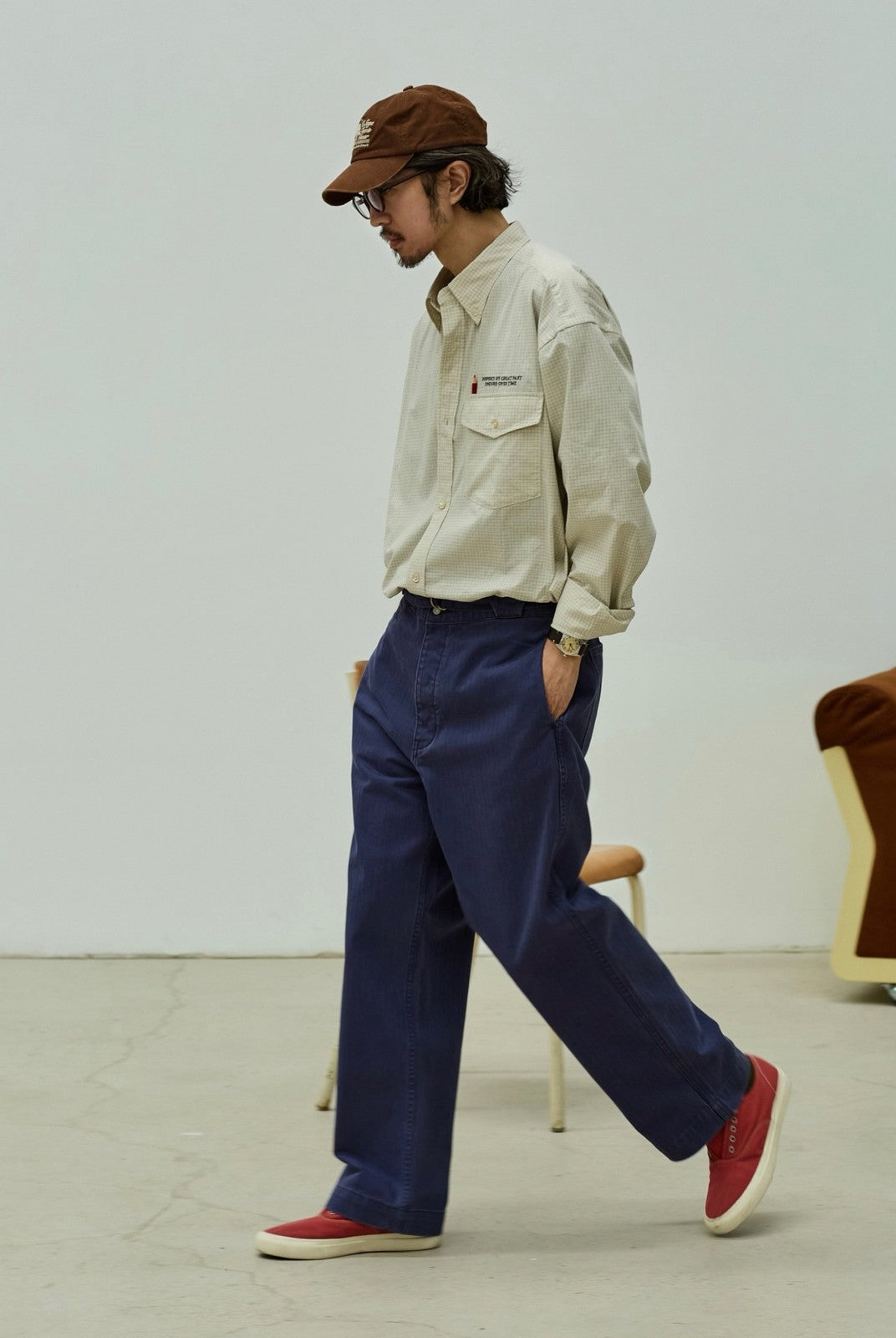 USAGE Oversized Micro Check Button Down Shirt in Cream - On Male Model