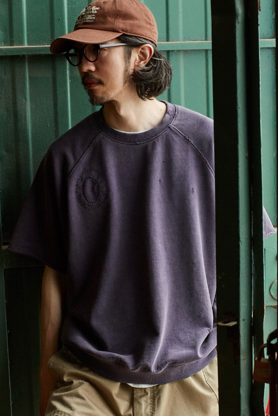 USAGE Vintage Wash Distressed Short Sleeve Sweatshirt in Purple - On Male Model