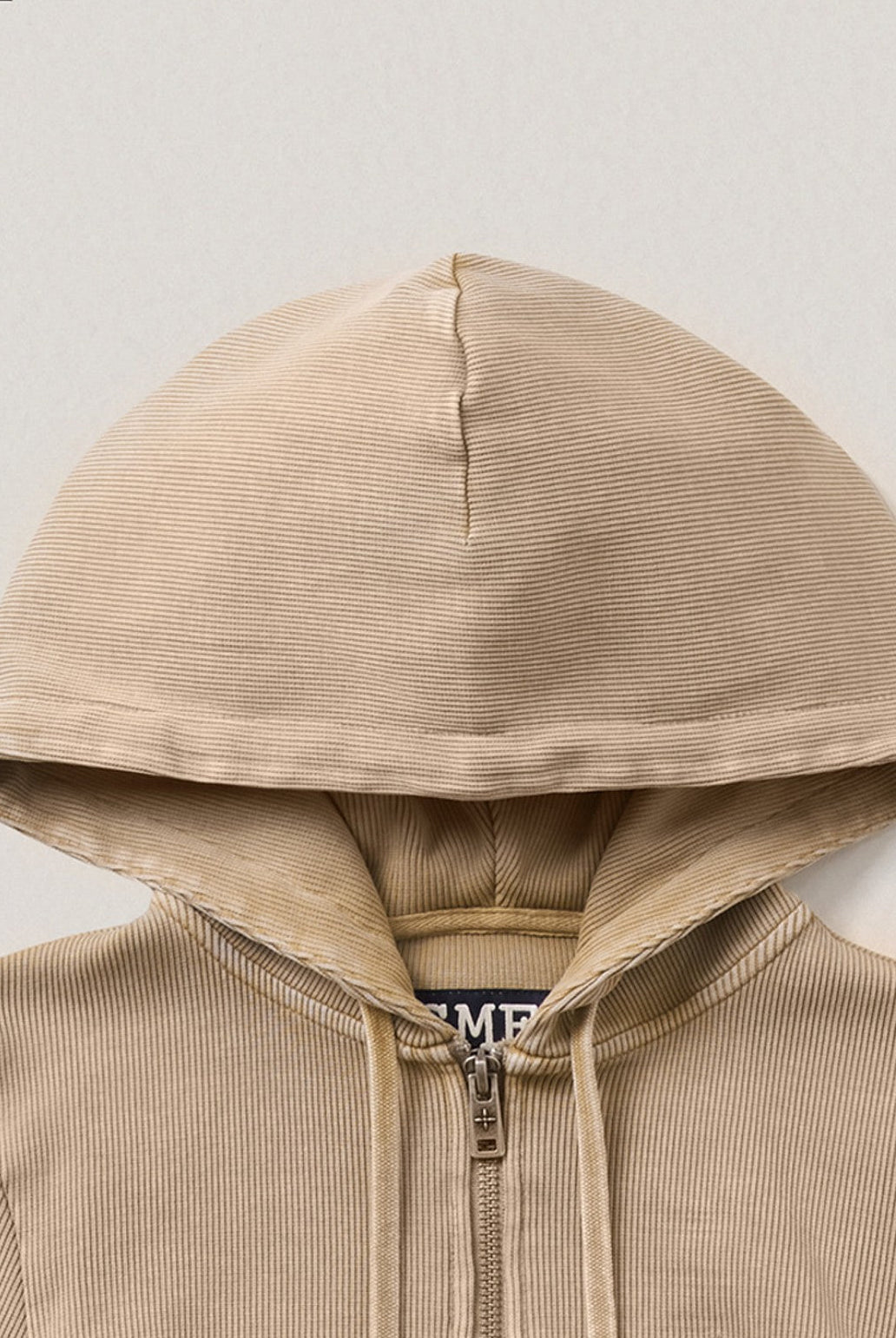 SMFK Washed Ribbed Zip Up Hoodie in Beige - Detail