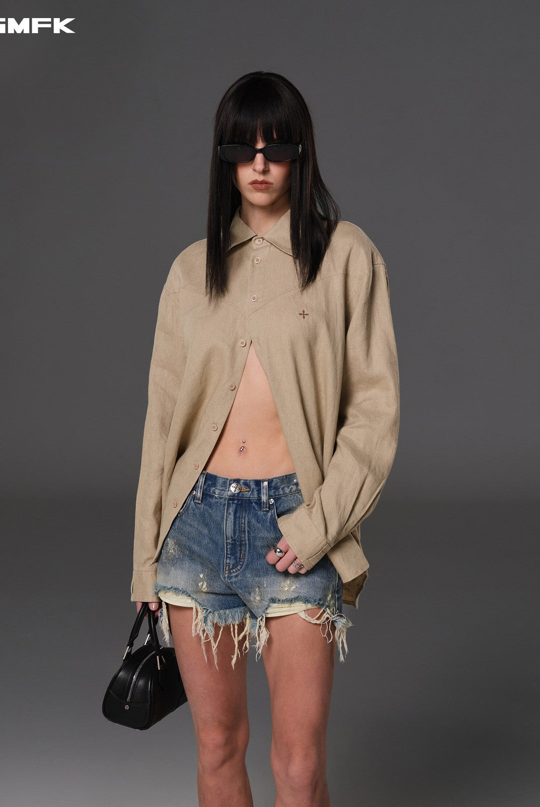 SMFK Long Sleeve Linen Button Down in Beige - On Female Model