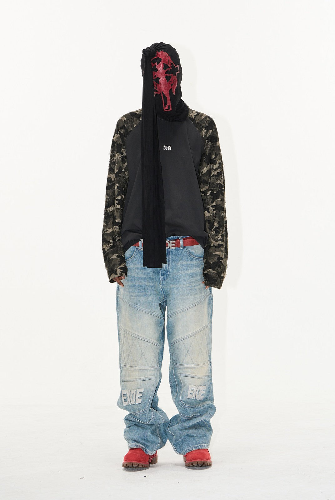 BLINDNOPLAN Paneled Embroidered Distressed Denim Pants in Blue - On Model