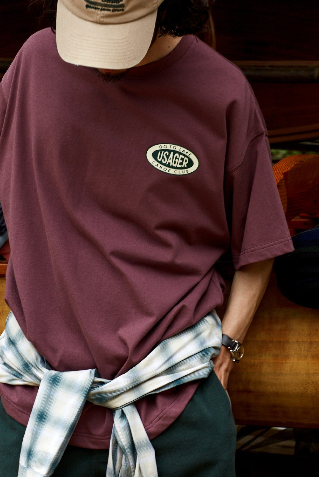 USAGE Canoe Club Graphic Cotton T Shirt in Burgundy - On Male Model