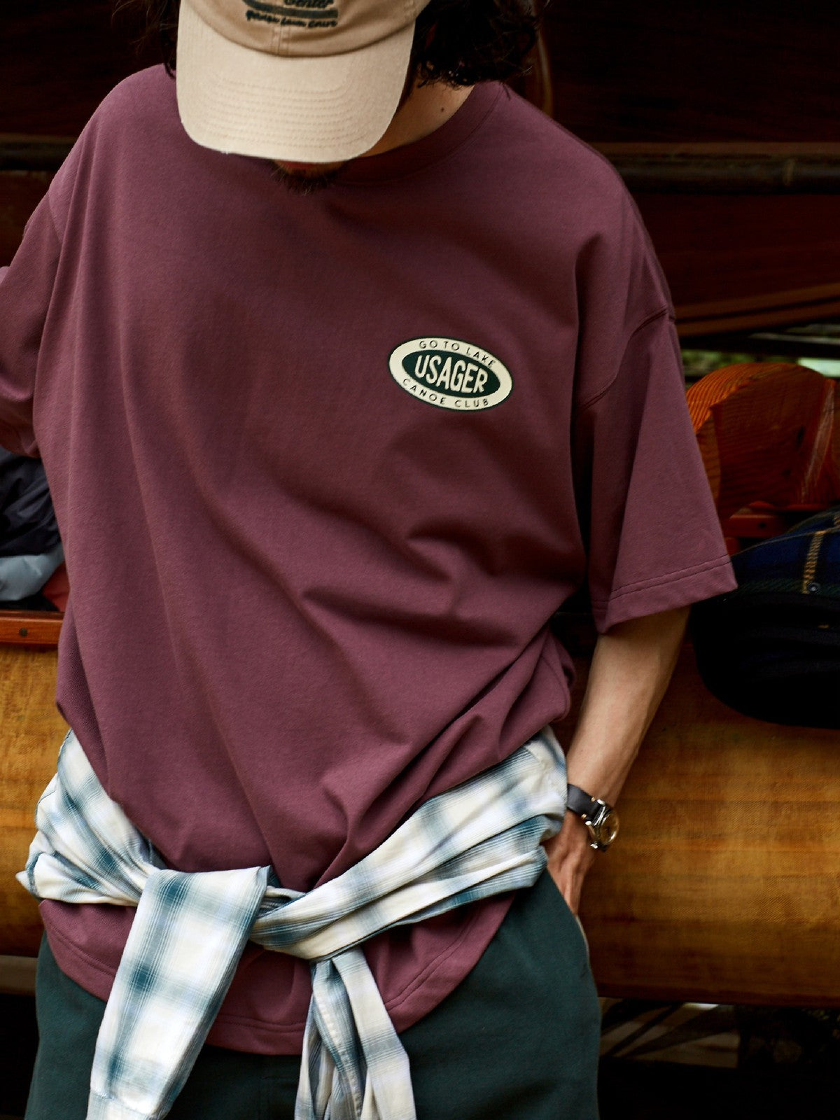 USAGE Canoe Club Graphic Cotton T Shirt in Burgundy - On Male Model