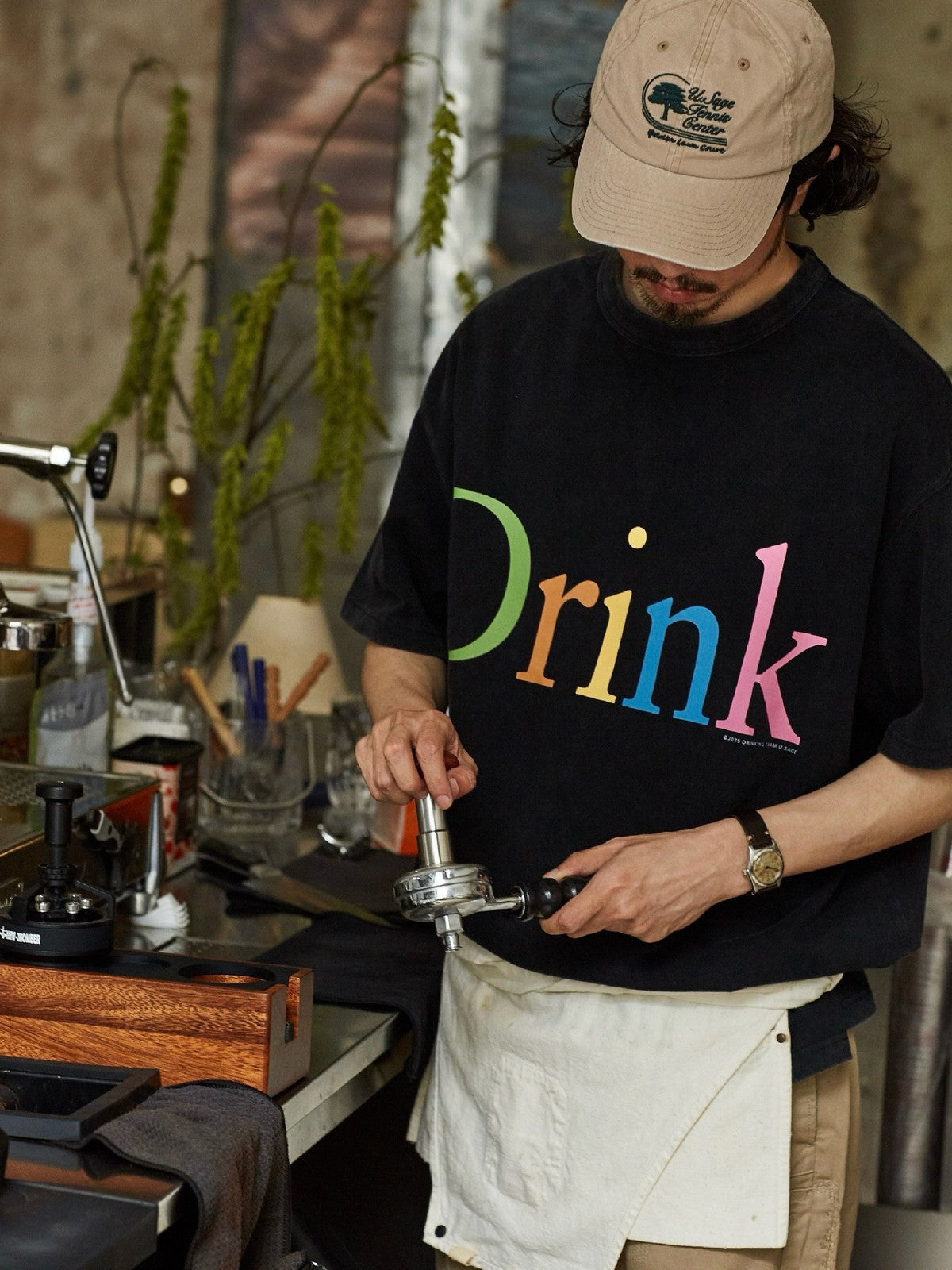USAGE Faded Rainbow Logo T Shirt in Black - On Male Model