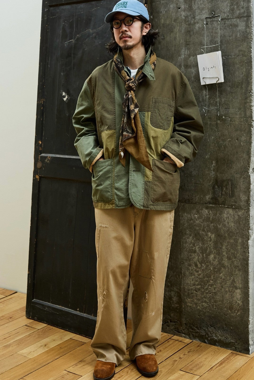 USAGE Cotton Ripstop Patchwork Blazer in Green - On Male Model