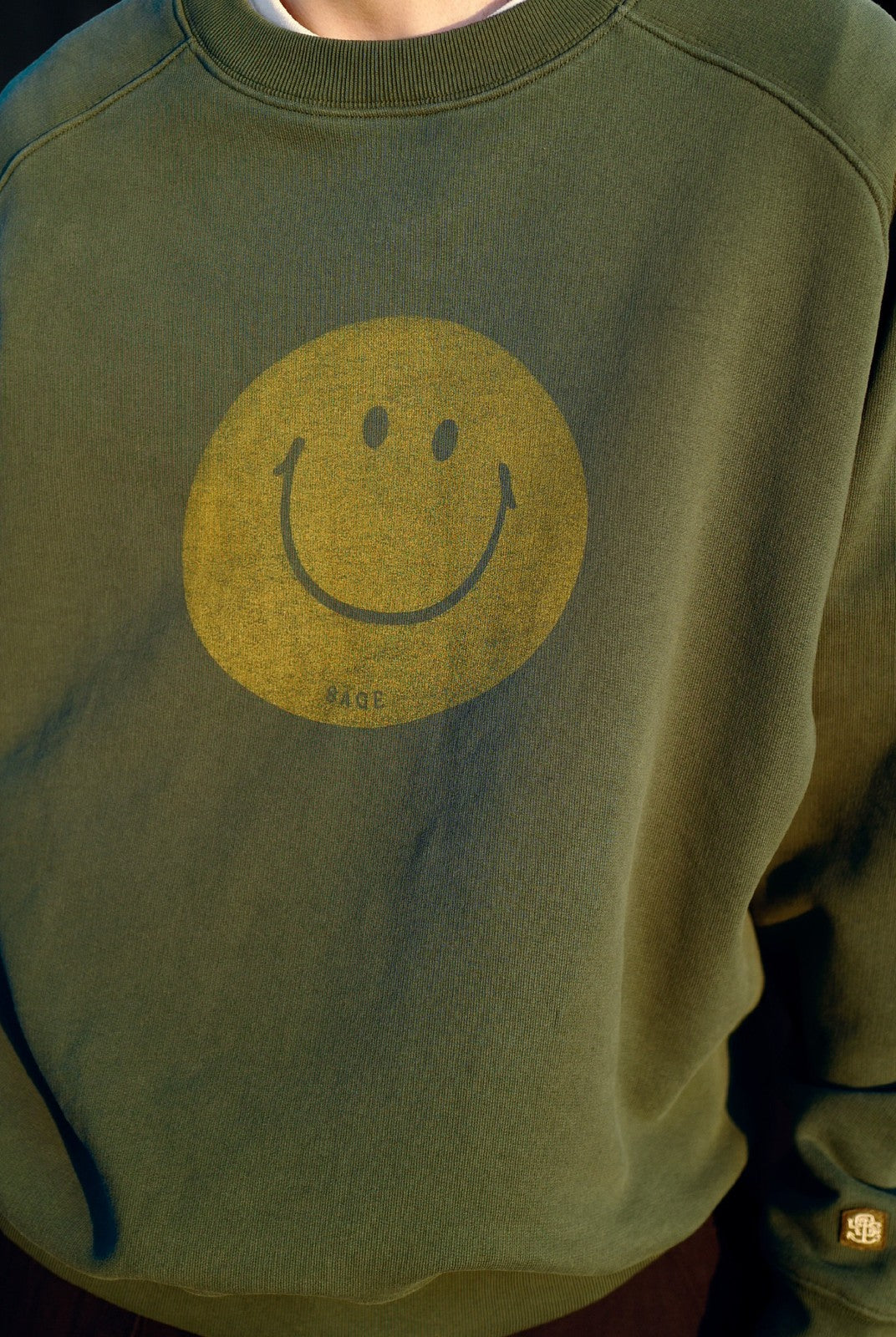 USAGE Washed Cotton Raglan Smiley Sweatshirt in Mint - On Model
