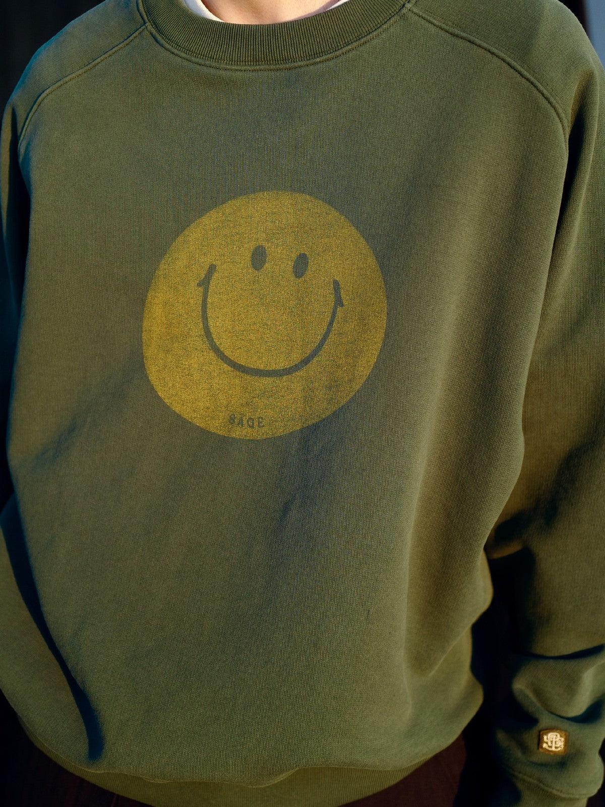 USAGE Washed Cotton Raglan Smiley Sweatshirt in Mint - On Model