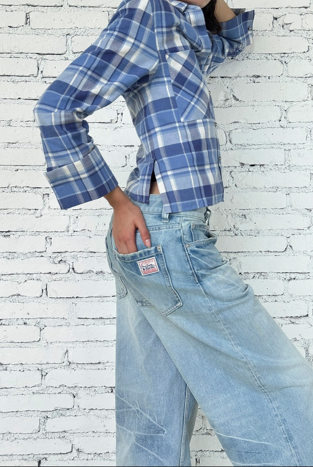 FaxCopyExpress Washed Cotton Gardener Jeans in Blue - On Female Model
