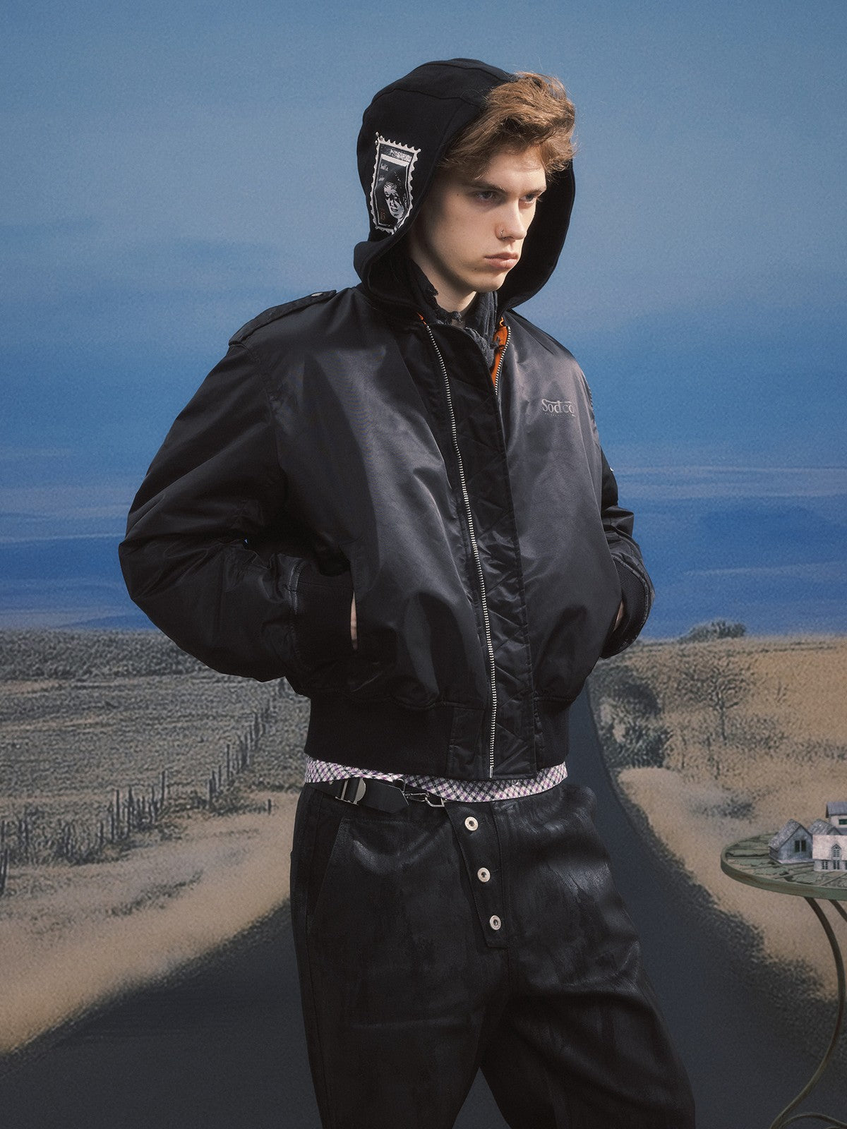 SOD Narcoleptic Hooded Bomber Jacket in Black - On Male Model