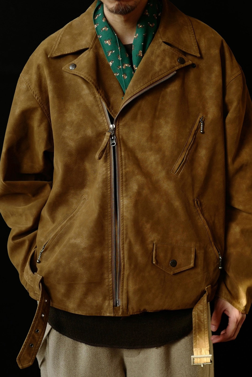 USAGE Distressed Faux Suede Moto Jacket in Brown - On Male Model