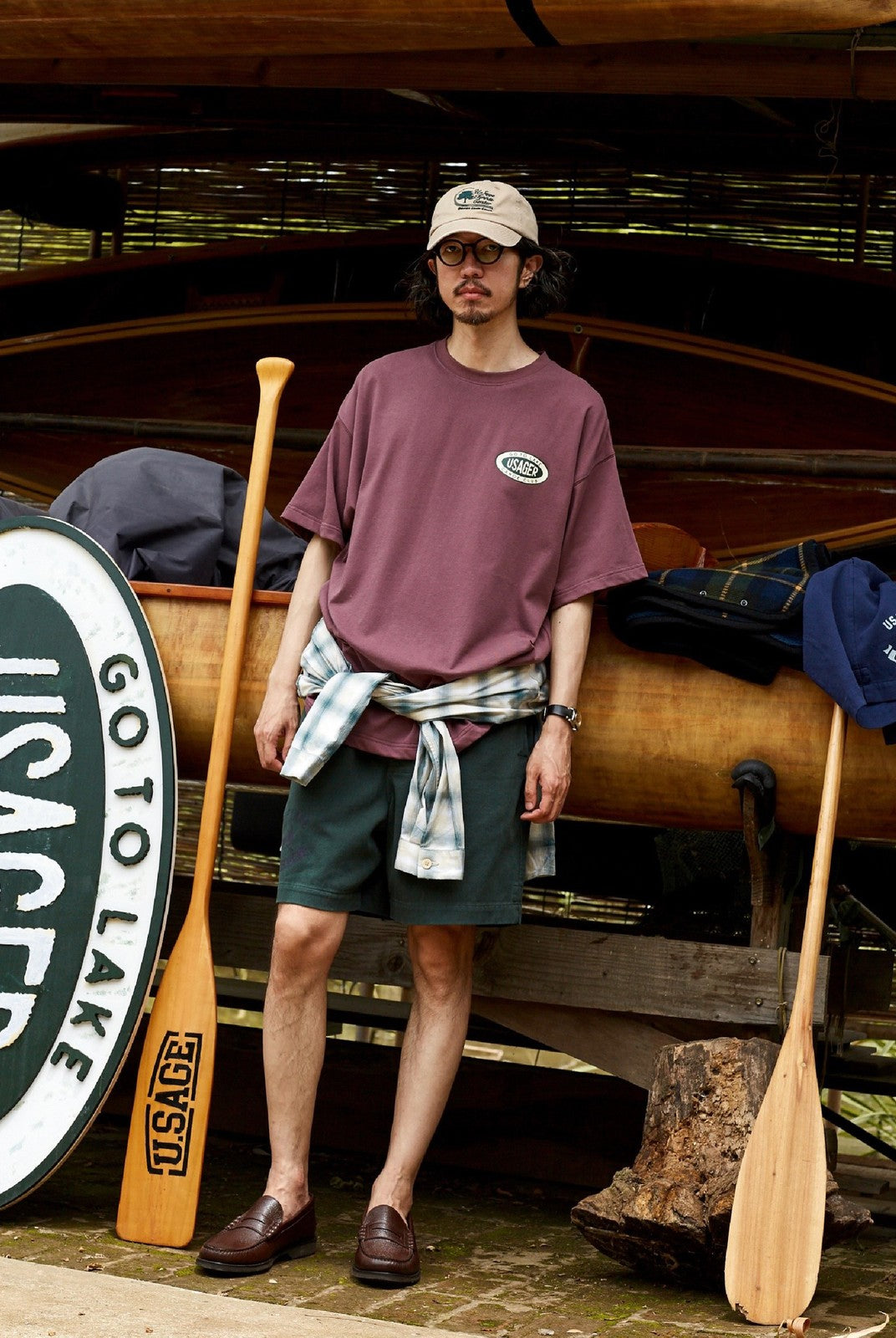 USAGE Canoe Club Graphic Cotton T Shirt in Burgundy - On Male Model
